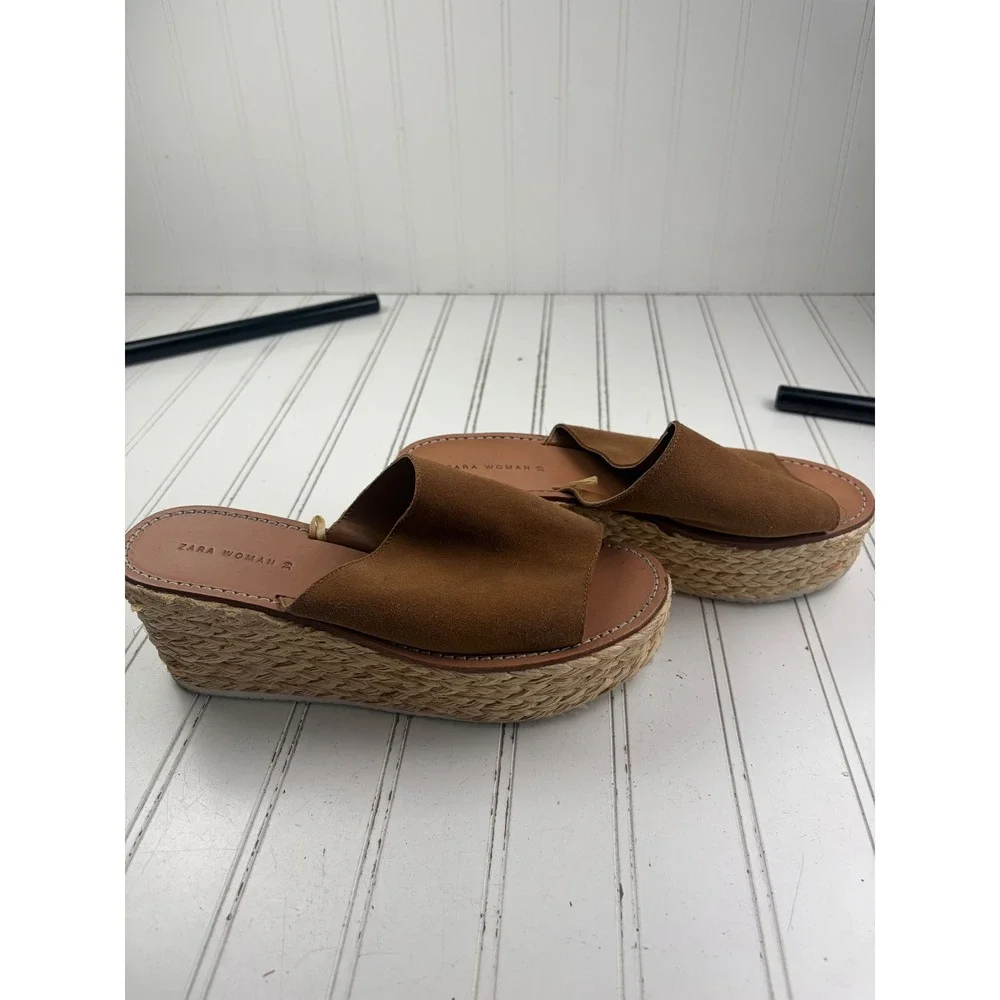 Zara Brown Suede Platform Espadrille Slide Wedge Sandals Women's Size 8-8.5